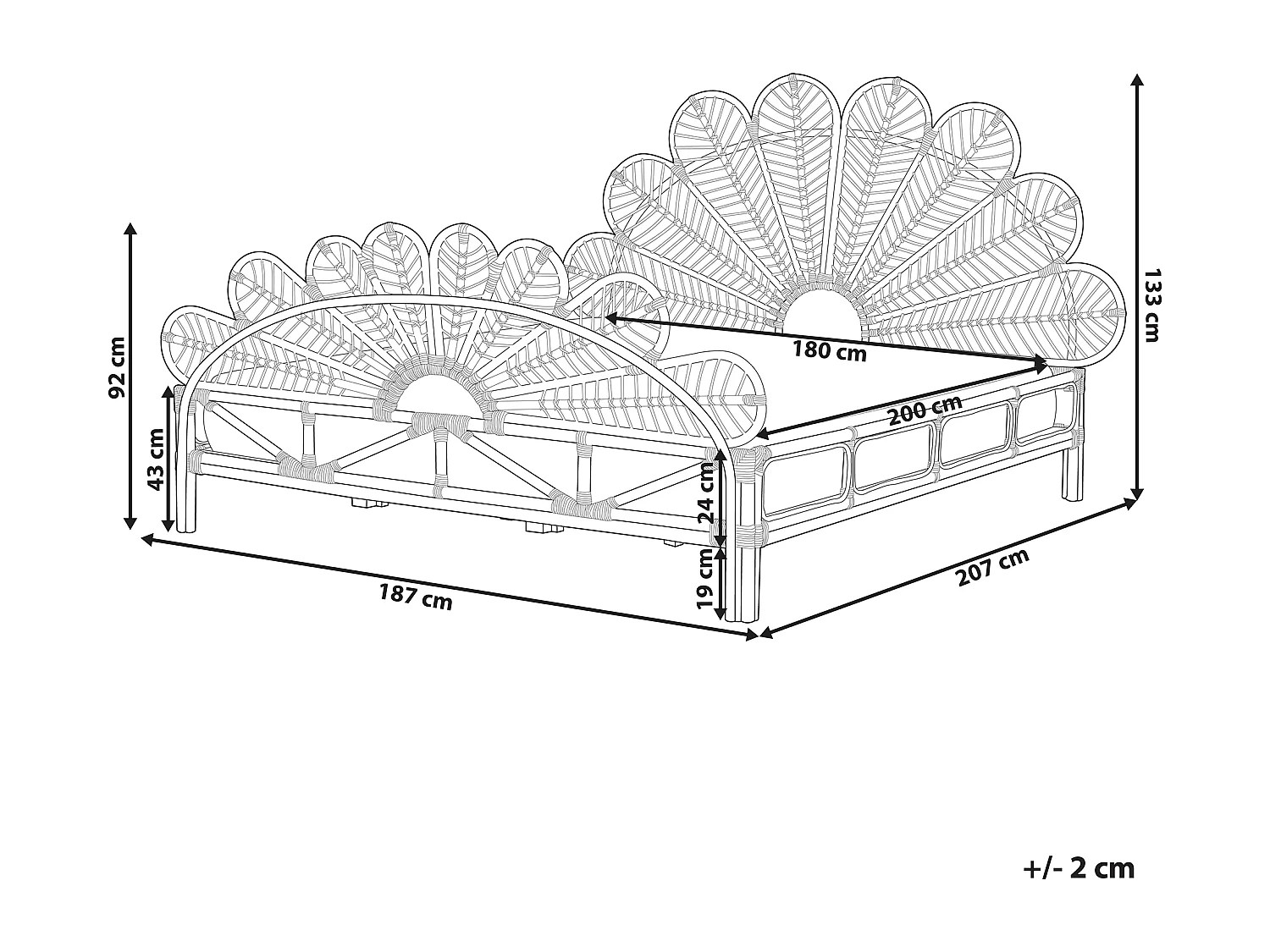 Bett Rattan hellbraun Lattenrost 180x200 cm Kopf- & Fußteil Pfauform Florentine