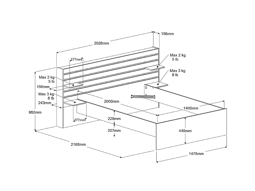 Cama 140 x 190 cm con compartimentos - Color: natural + Somier - TENALIA