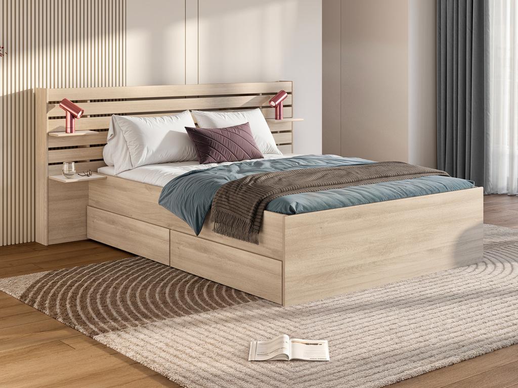 Bett 140 x 190/200 cm mit Stauraum + Lattenrost + Matratze - Holzfarben - T günstig online kaufen