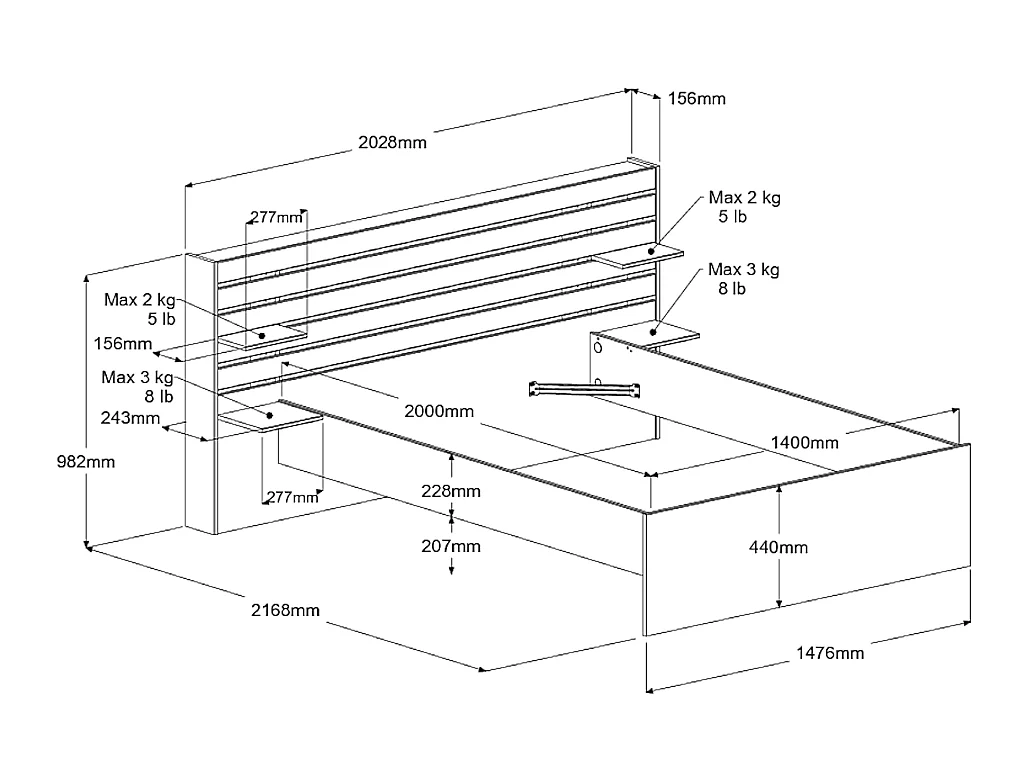 Bett 140 x 190/200 cm mit Stauraum + Lattenrost + Matratze - Holzfarben - TENALIA II