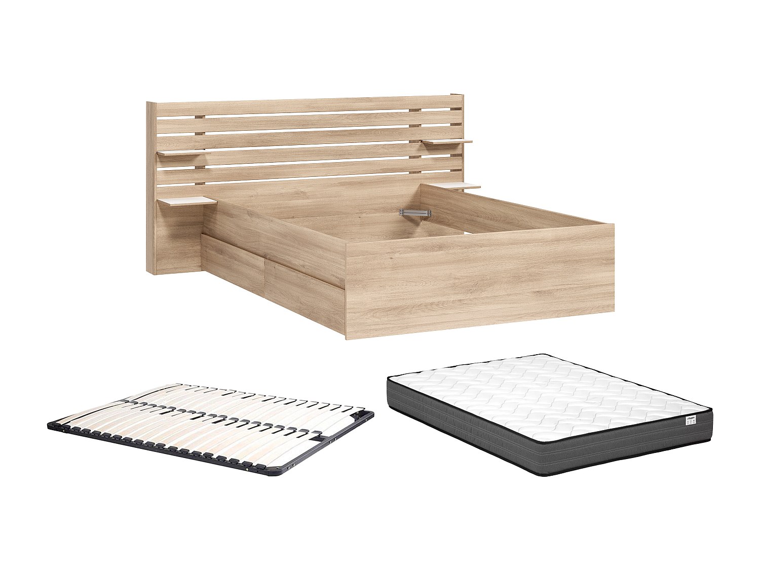 Bett 140 x 190/200 cm mit Stauraum + Lattenrost + Matratze - Holzfarben - T günstig online kaufen