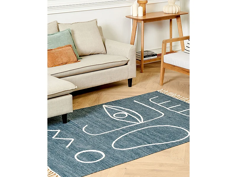 Teppich blau mit Fransen abstraktes Muster 140x200 cm Indoor & Outdoor Boho Yavu