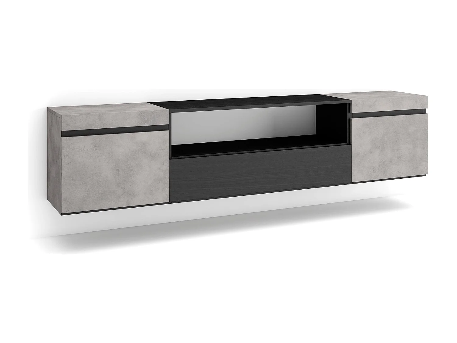 Meuble TV, Banc Télé, 200x35x45cm, Pour les TV jusqu'à 80", Suspendu, Mural, Ciment