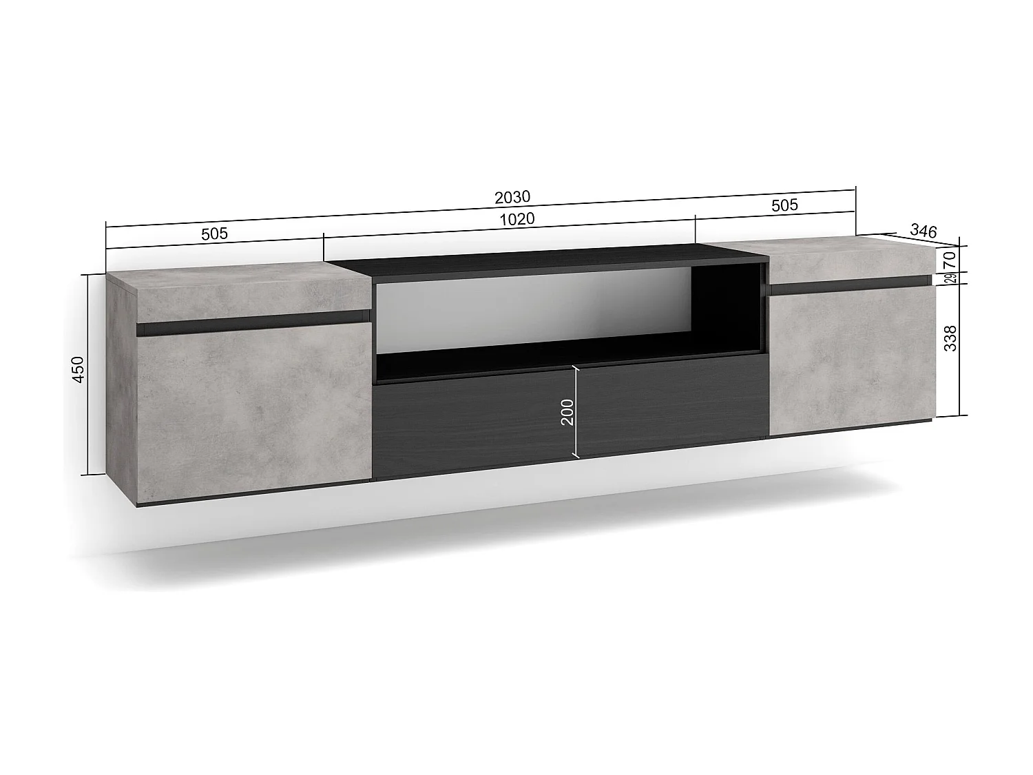 Meuble TV, Banc Télé, 200x35x45cm, Pour les TV jusqu'à 80", Suspendu, Mural, Ciment