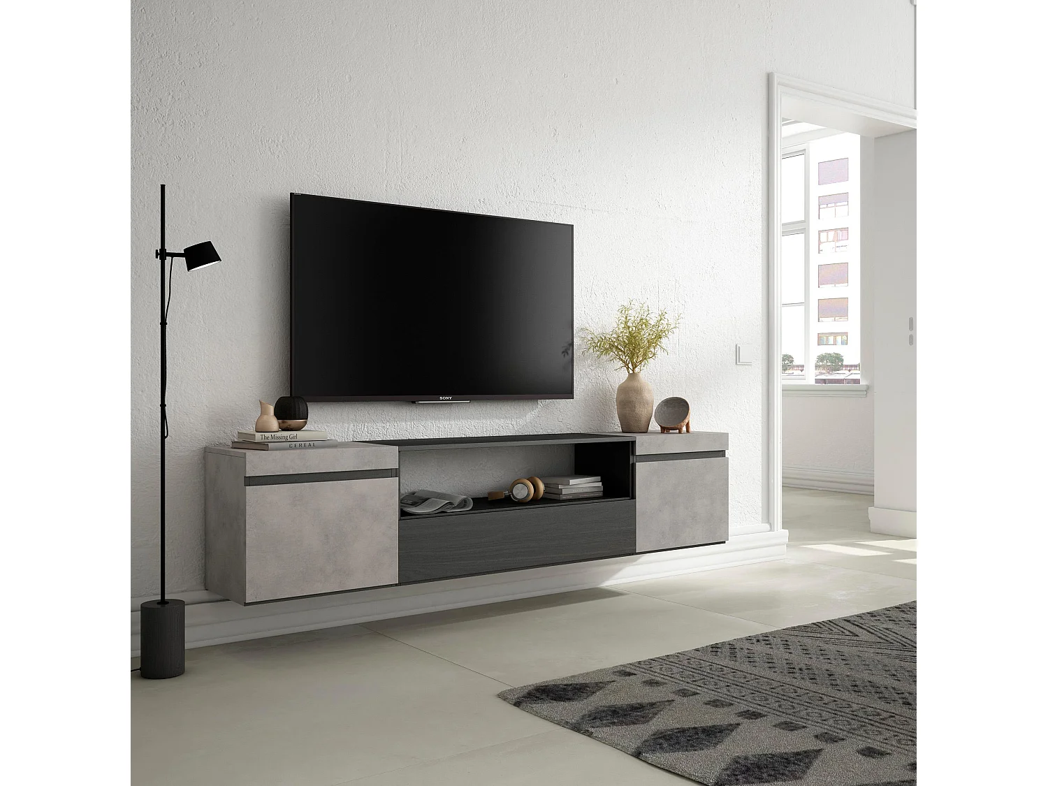 Mueble TV, Televisión, 200x35x45cm, Para TV hasta 80", Colgado, Suspendido, Cemento