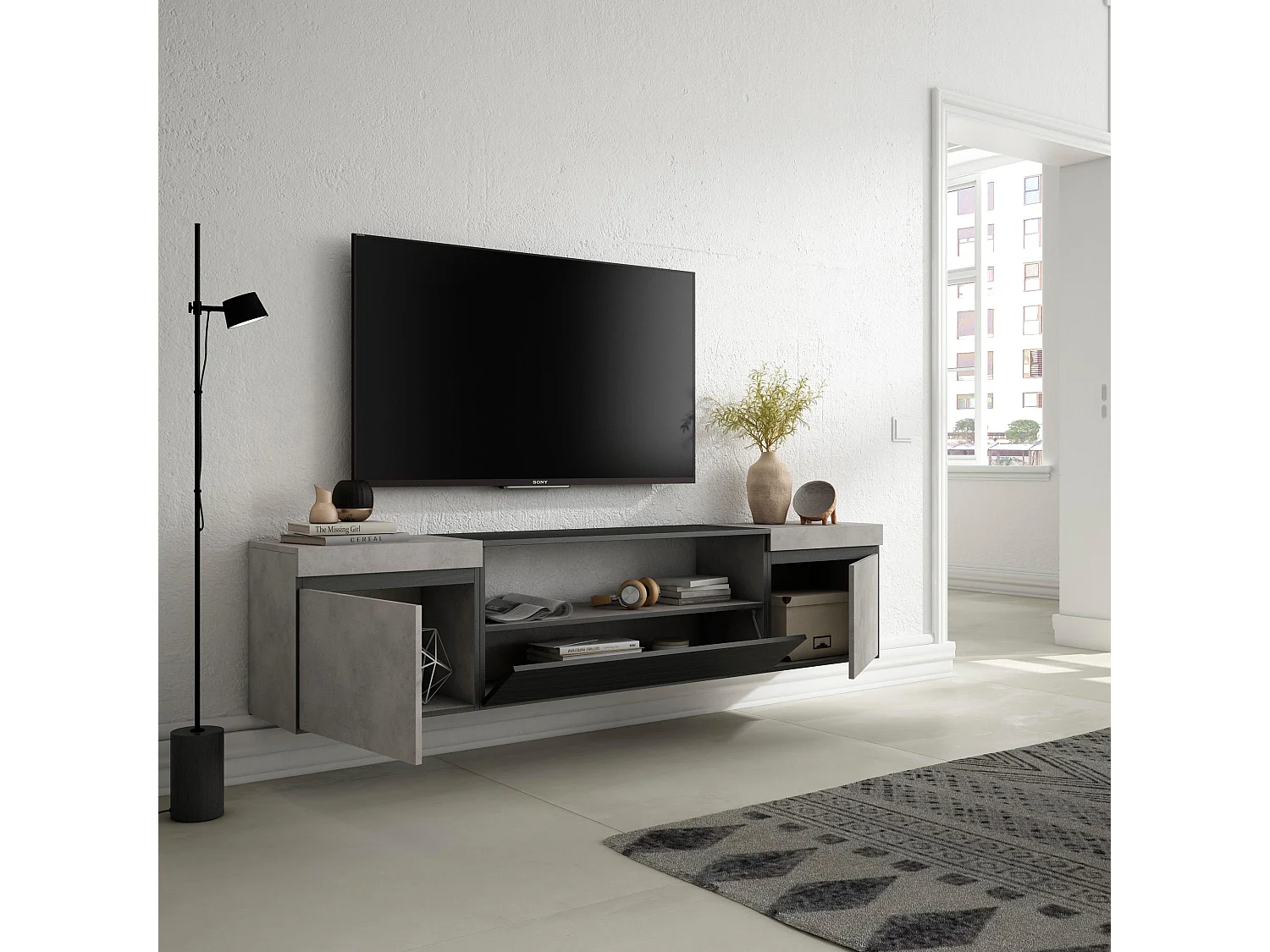 Mueble TV, Televisión, 200x35x45cm, Para TV hasta 80", Colgado, Suspendido, Cemento
