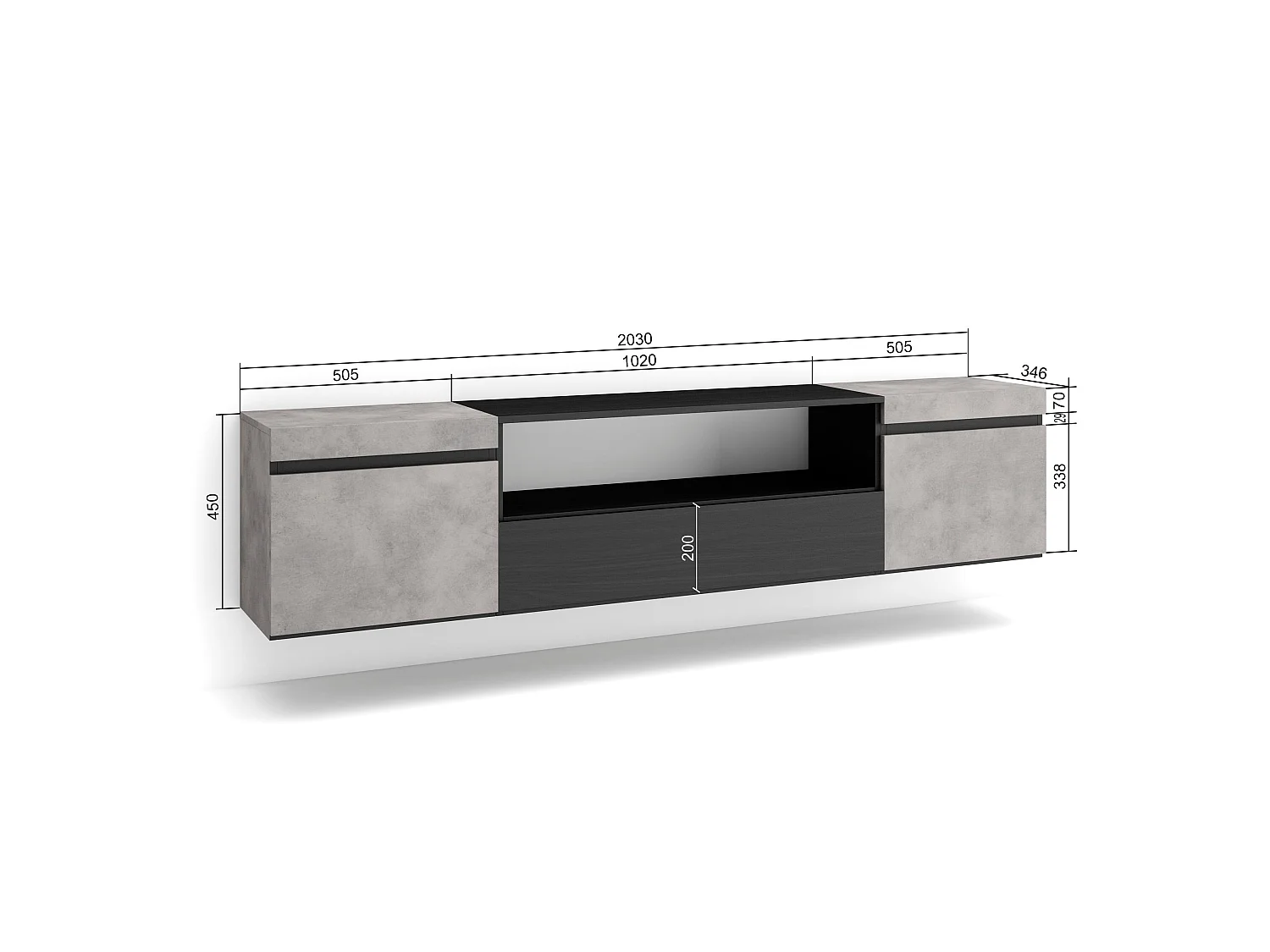 Mueble TV, Televisión, 200x35x45cm, Para TV hasta 80", Colgado, Suspendido, Cemento