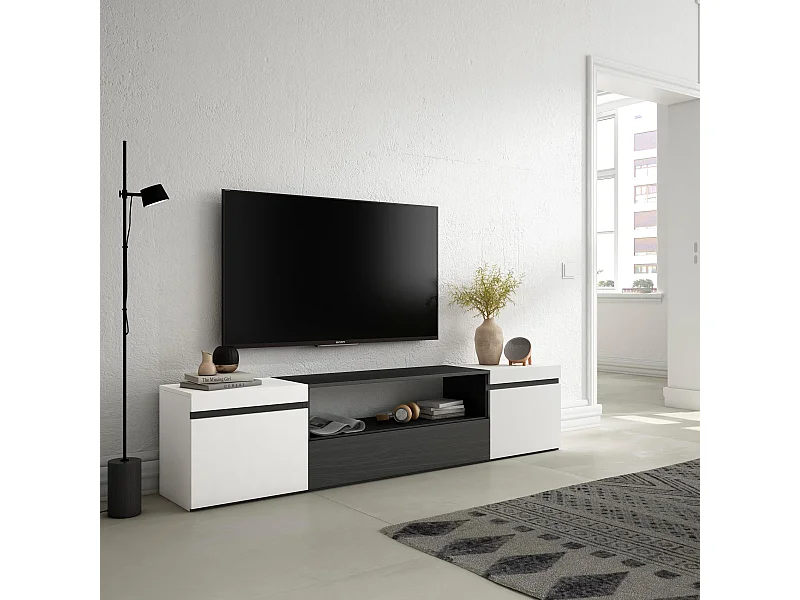 TV-Schrank, Lowboard, 200x35x45cm, Für TV-Geräte bis zu 80", Fernsehtisch, Weiß und Schwarz