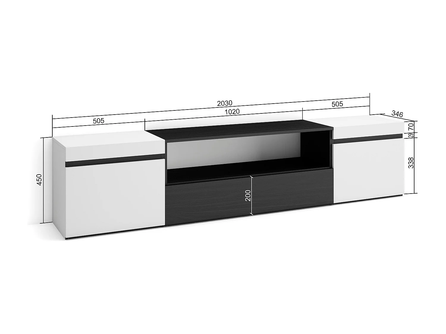 Meuble TV, Banc Télé, 200x35x45cm, Pour les TV jusqu'à 80", Meubles de salon, Blanc et noir