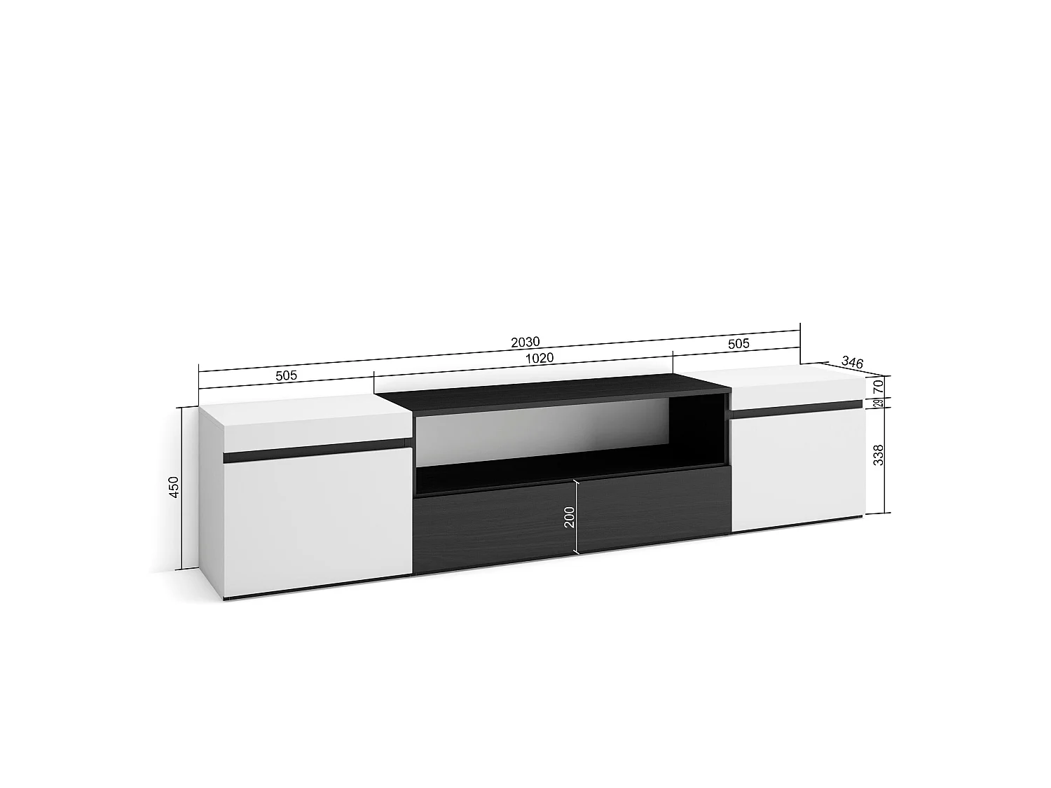 TV-Meubel, Lowboard, 200x35x45cm, Voor tv's tot 80", TV-Tafel, Wit en Zwart