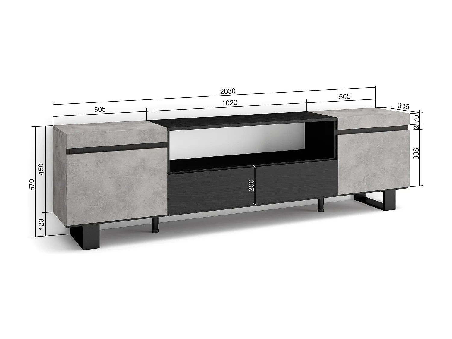 Meuble TV, Banc Télé, 200x35x57cm, Pour les TV jusqu'à 80", Design industriel, Ciment
