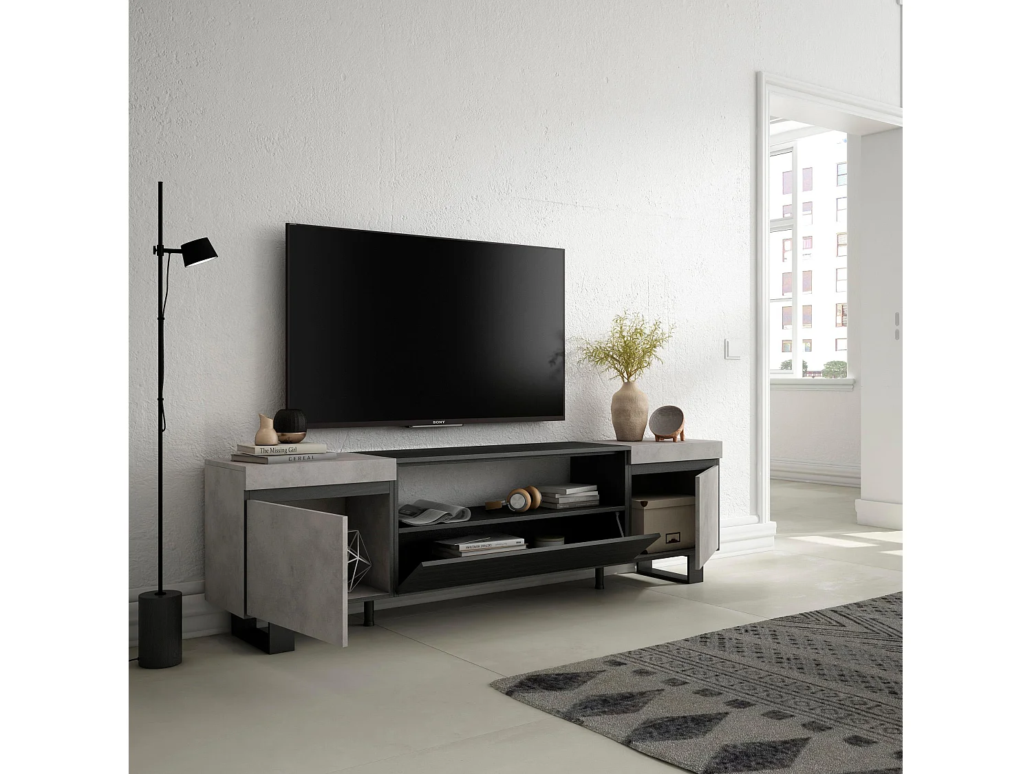 TV-Meubel, Lowboard, 200x35x57cm, Voor tv's tot 80", Industrieel design, Cement