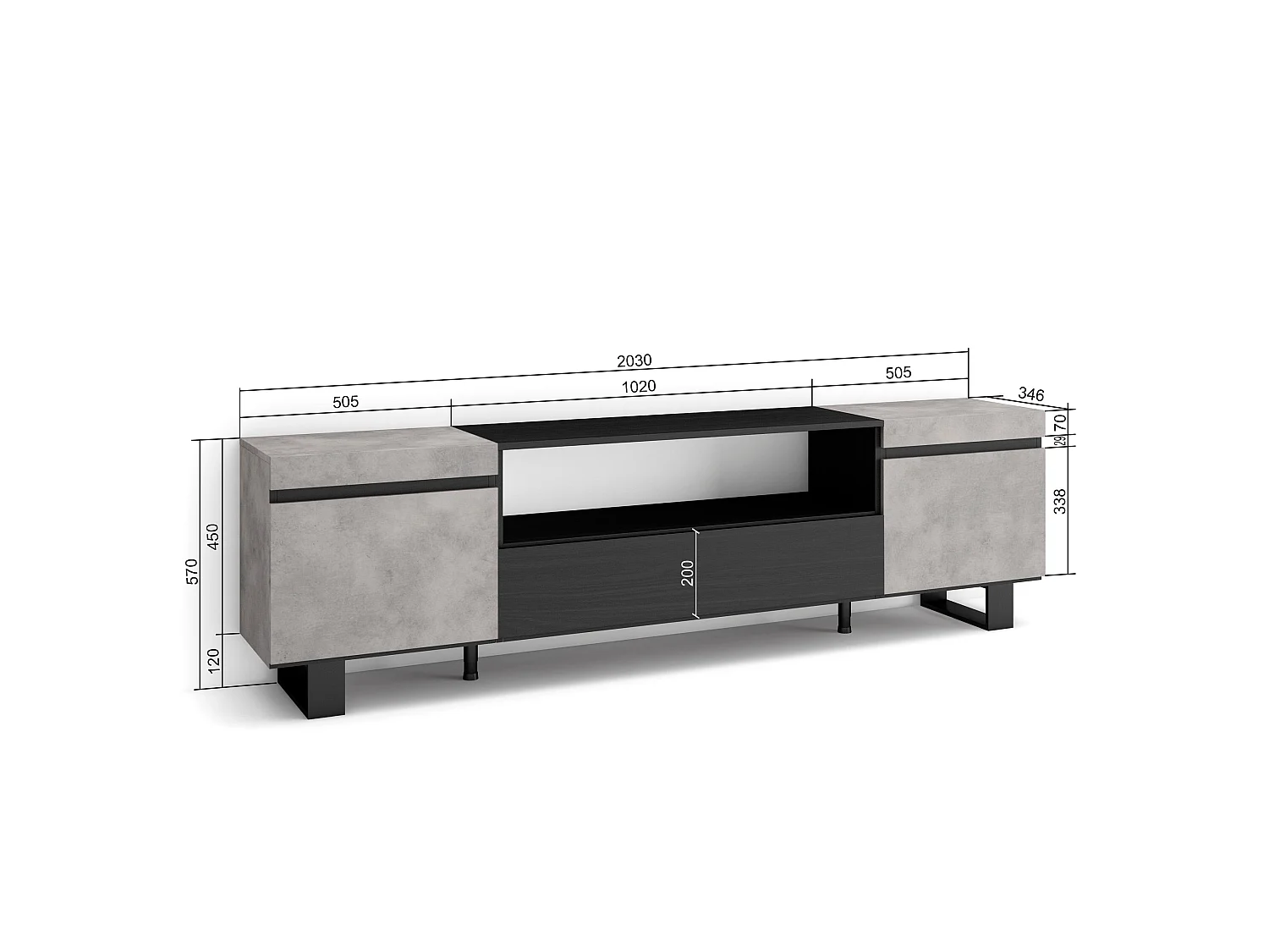Meuble TV, Banc Télé, 200x35x57cm, Pour les TV jusqu'à 80", Design industriel, Ciment