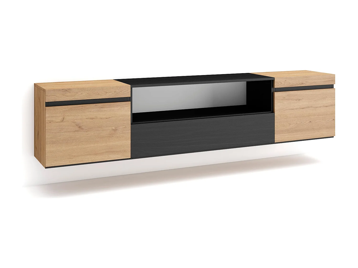 TV-Schrank, Lowboard, 200x35x45cm, Für TV-Geräte bis zu 80", Hängend, Eiche Schwarz