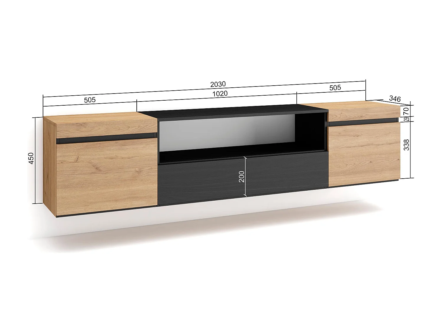TV-Schrank, Lowboard, 200x35x45cm, Für TV-Geräte bis zu 80", Hängend, Eiche Schwarz