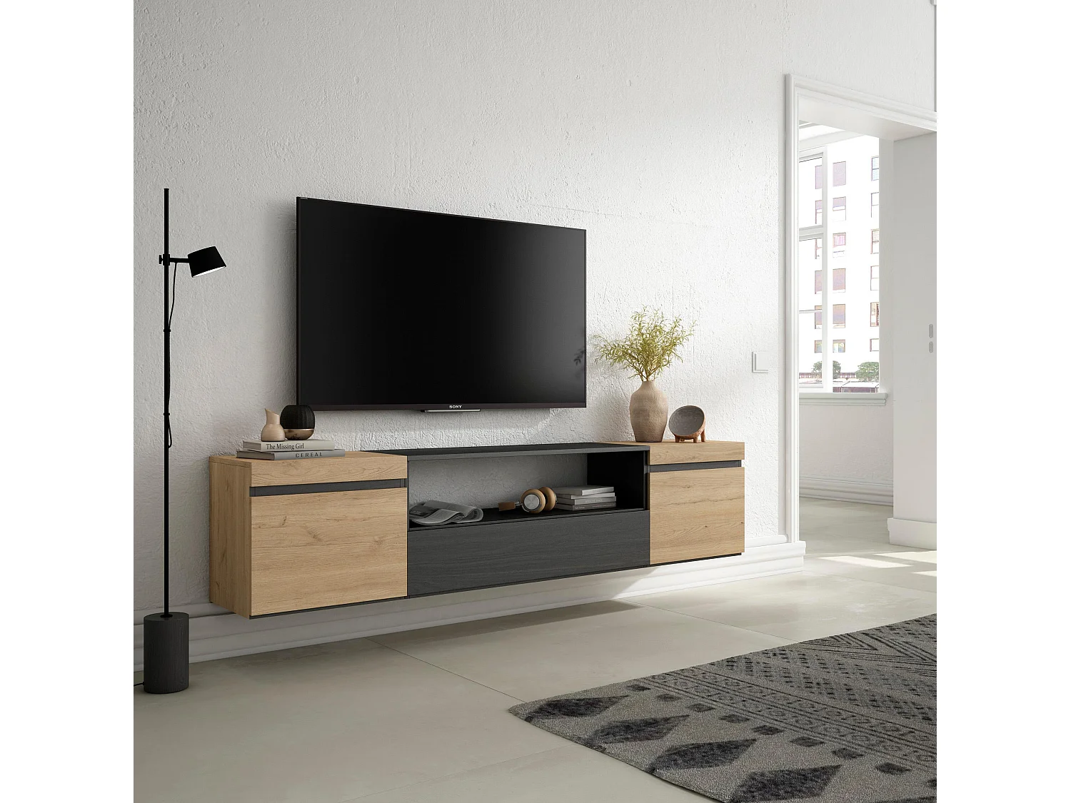 Meuble TV, Banc Télé, 200x35x45cm, Pour les TV jusqu'à 80", Suspendu, Mural, Chêne et noir