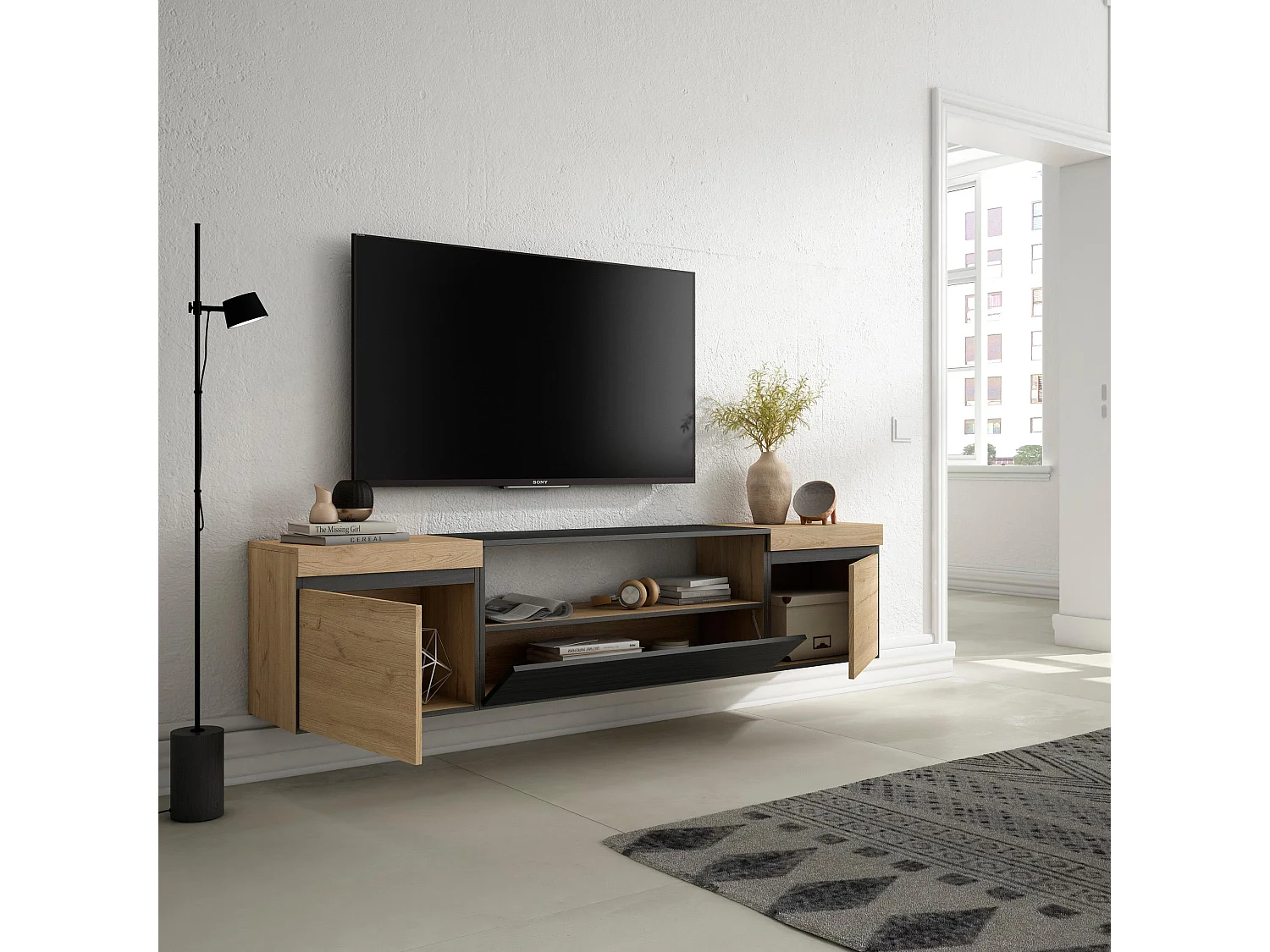 Meuble TV, Banc Télé, 200x35x45cm, Pour les TV jusqu'à 80", Suspendu, Mural, Chêne et noir