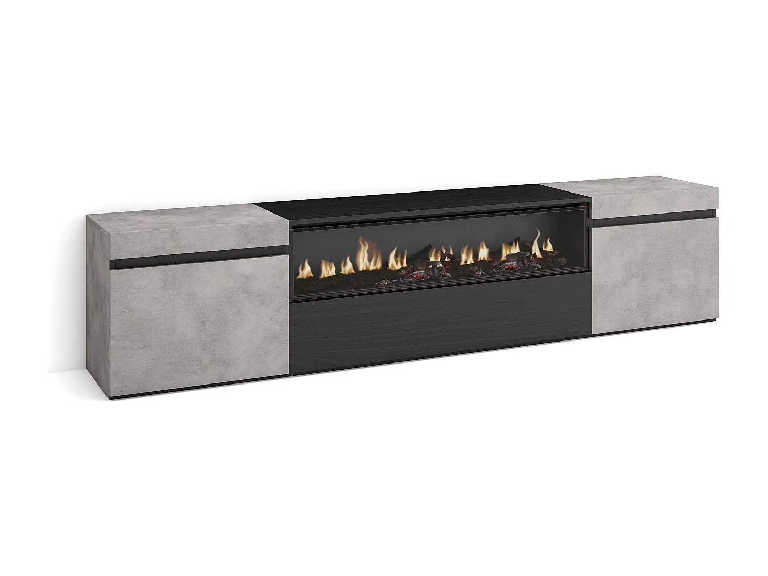 TV-Meubel, Lowboard, 200x35x45cm, Voor tv's tot 80", Elektrische haard, Cement