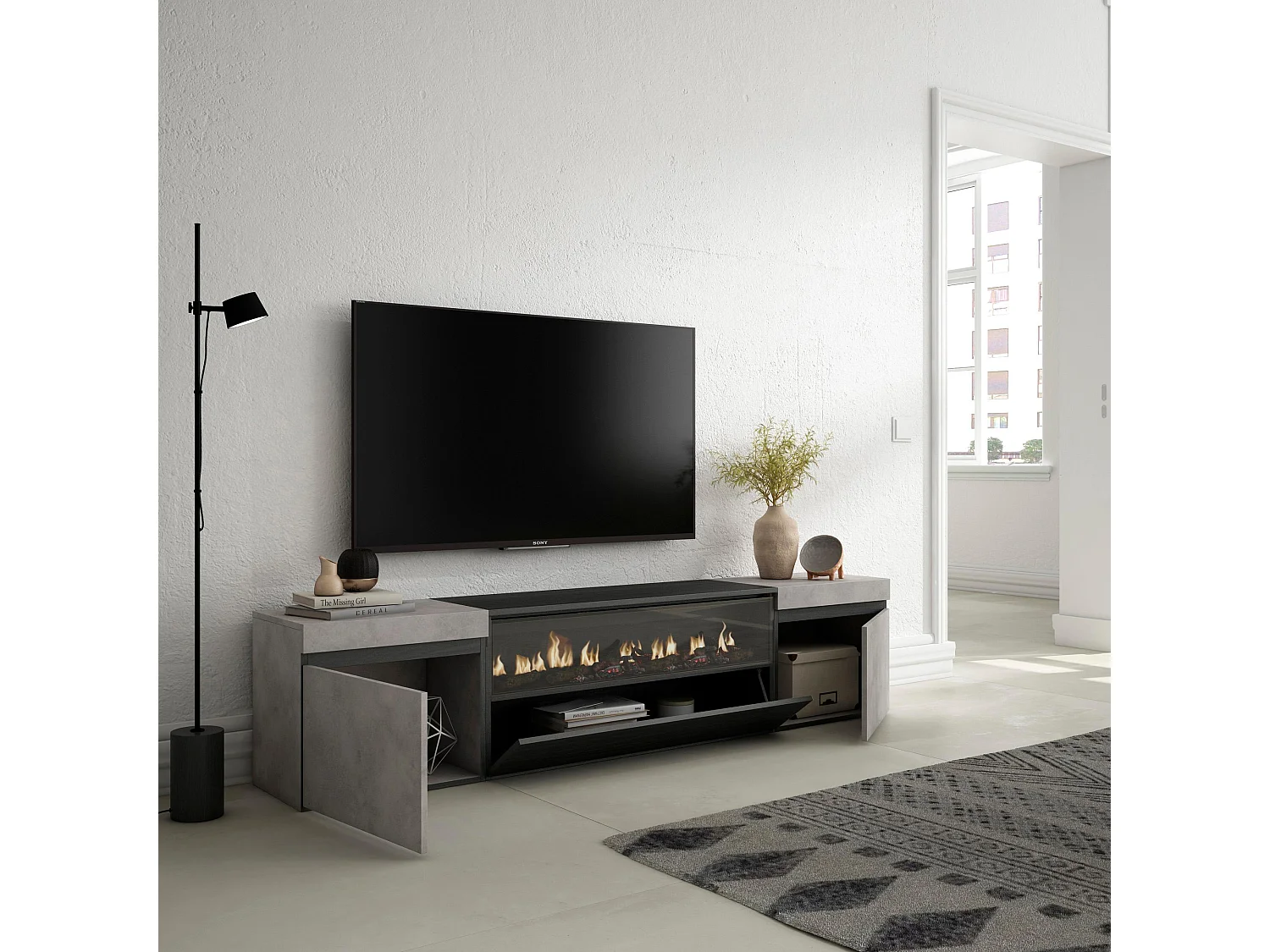 TV-Meubel, Lowboard, 200x35x45cm, Voor tv's tot 80", Elektrische haard, Cement