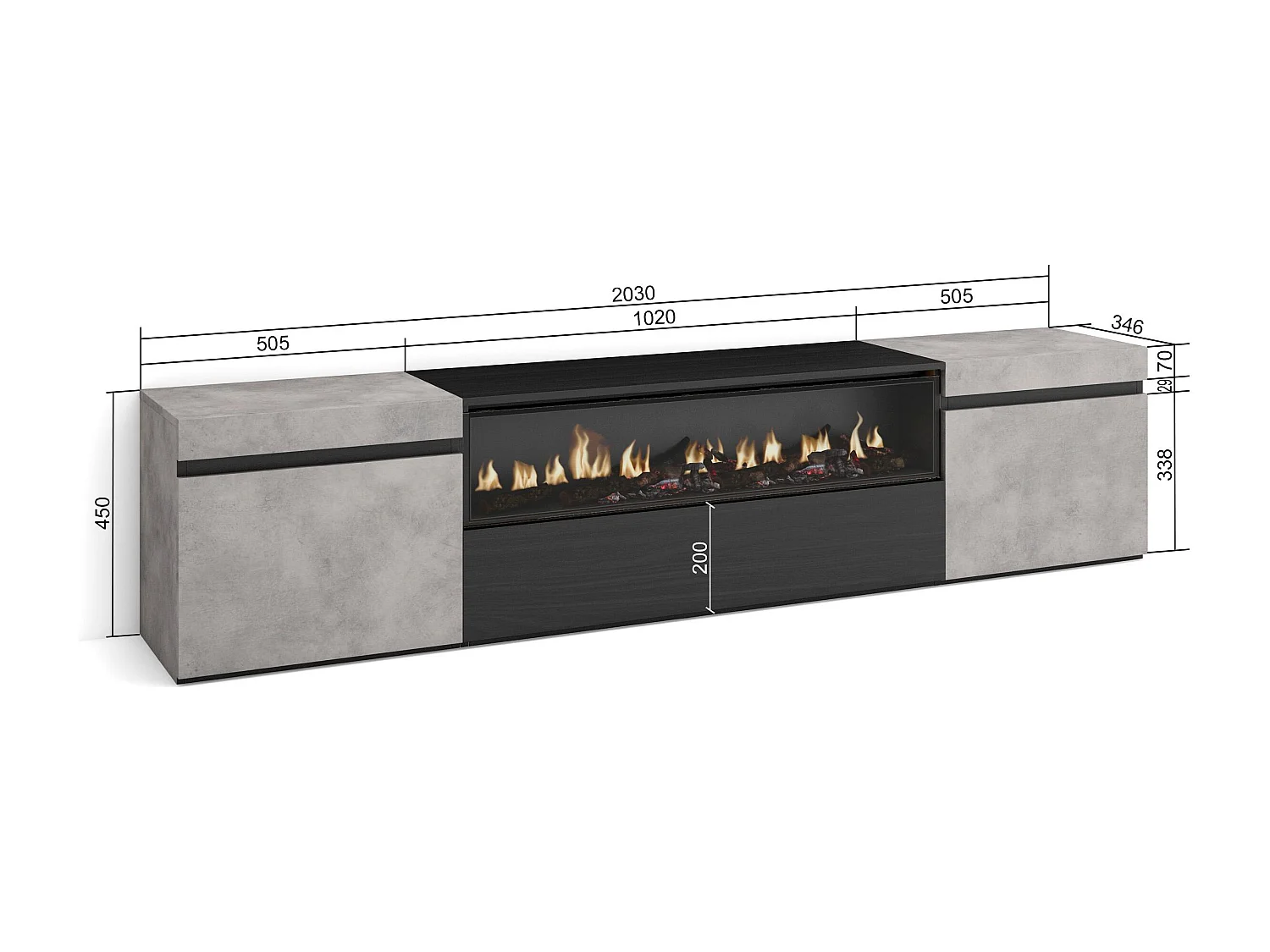 TV-Meubel, Lowboard, 200x35x45cm, Voor tv's tot 80", Elektrische haard, Cement