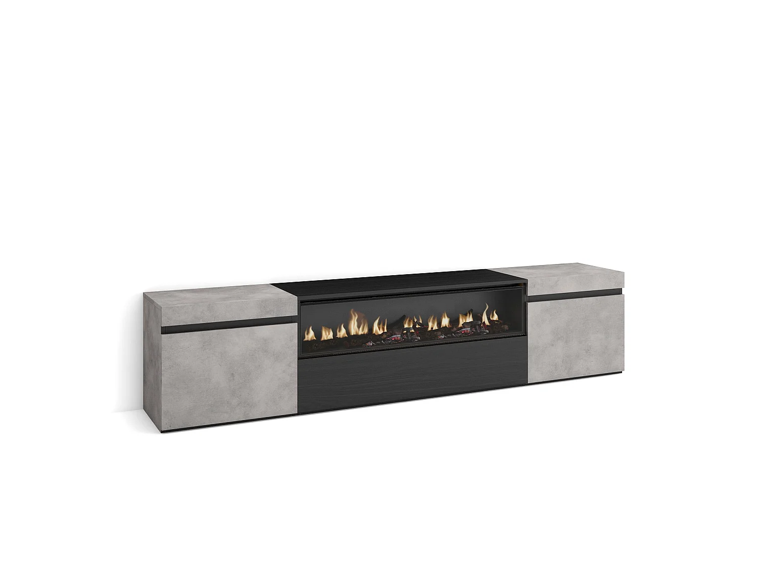 Mueble TV, Televisión, 200x35x45cm, Para TV hasta 80", Chimenea eléctrica, Cemento