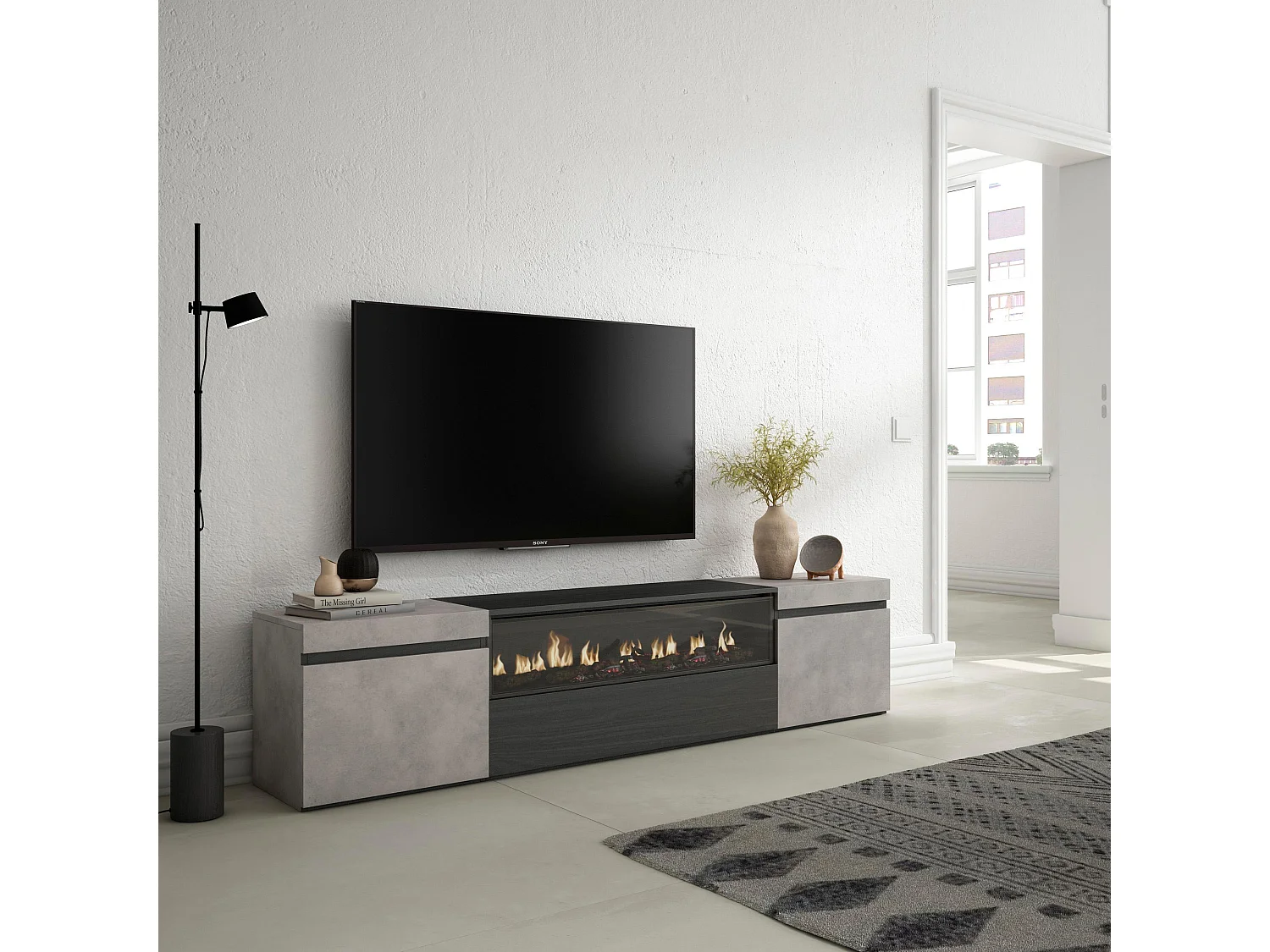 Mueble TV, Televisión, 200x35x45cm, Para TV hasta 80", Chimenea eléctrica, Cemento