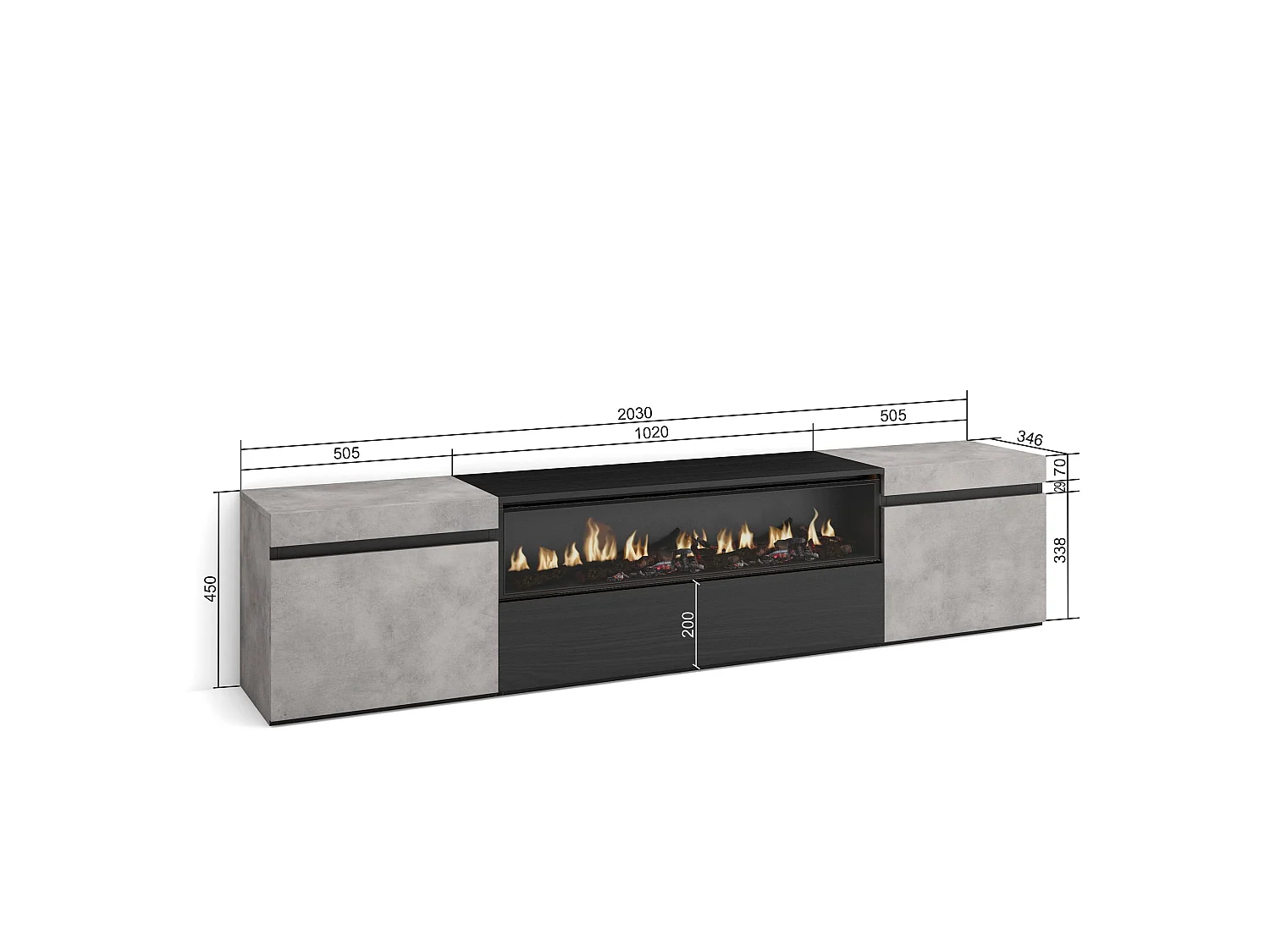 Mueble TV, Televisión, 200x35x45cm, Para TV hasta 80", Chimenea eléctrica, Cemento