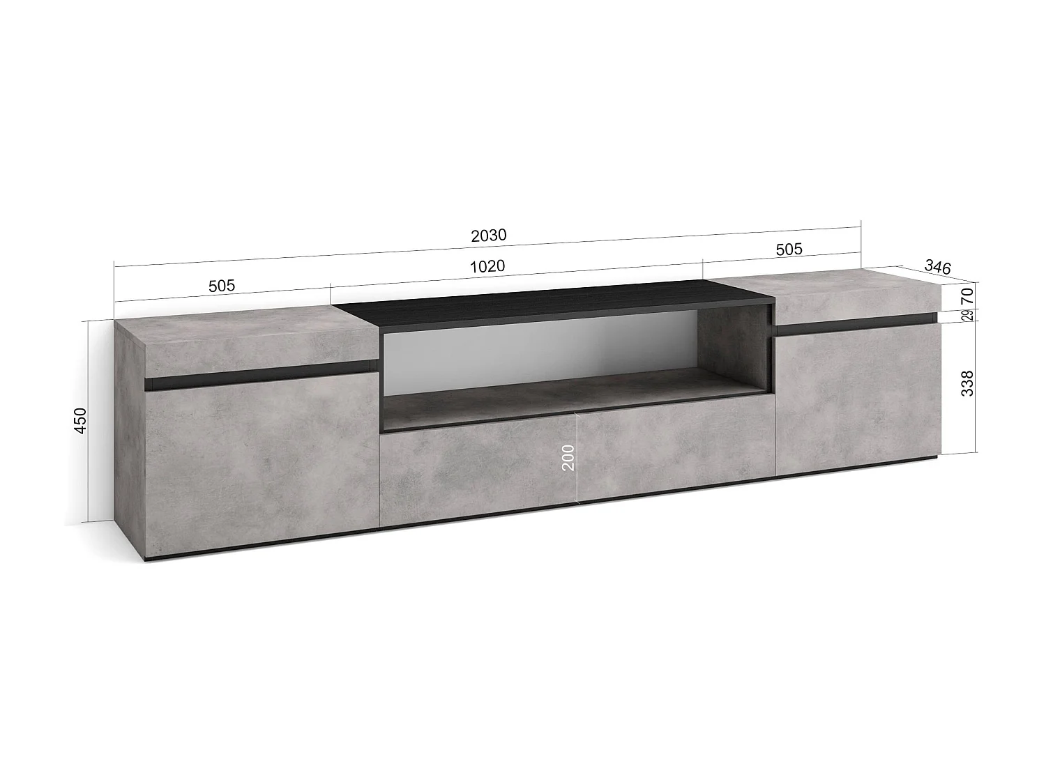 Meuble TV, Banc Télé, 200x35x45cm, Pour les TV jusqu'à 80", Meubles de salon, Ciment