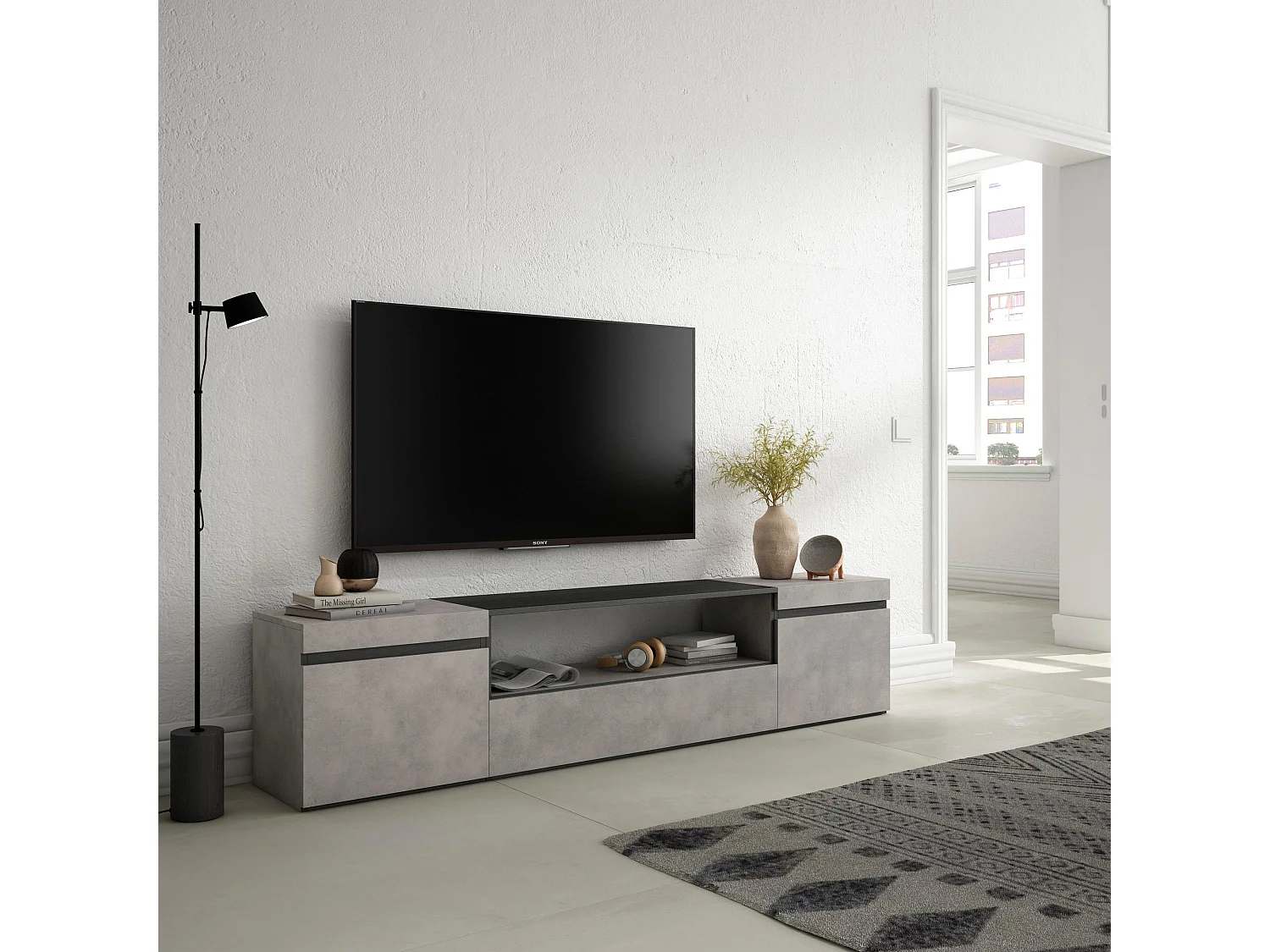 Meuble TV, Banc Télé, 200x35x45cm, Pour les TV jusqu'à 80", Meubles de salon, Ciment