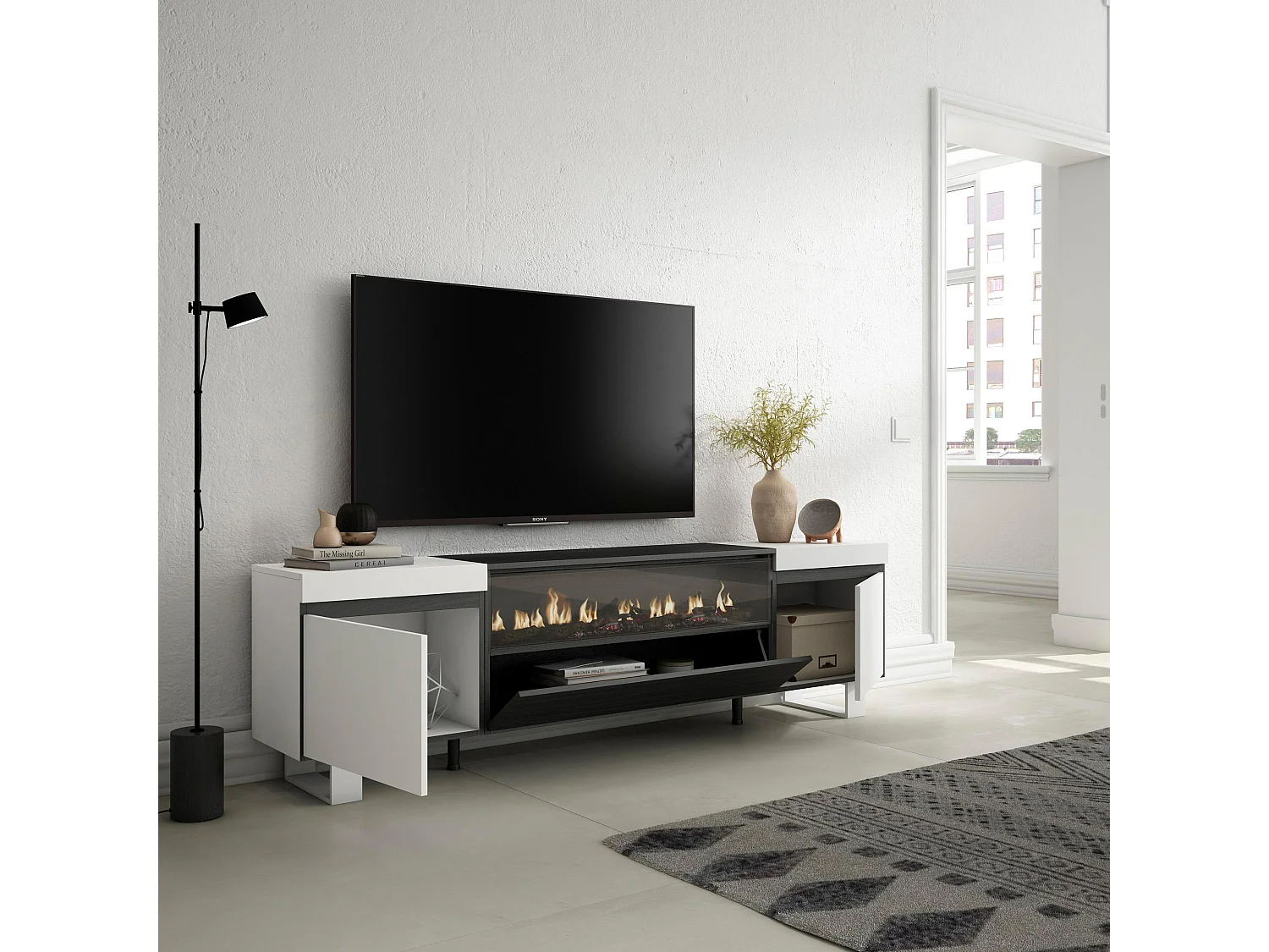 TV-Schrank, Lowboard, 200x35x57cm, Für TV-Geräte bis zu 80", Elektrokamin. , Industriedesign, Weiß und Schwarz