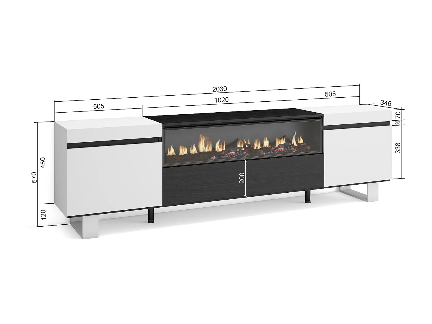 TV-Schrank, Lowboard, 200x35x57cm, Für TV-Geräte bis zu 80", Elektrokamin. , Industriedesign, Weiß und Schwarz