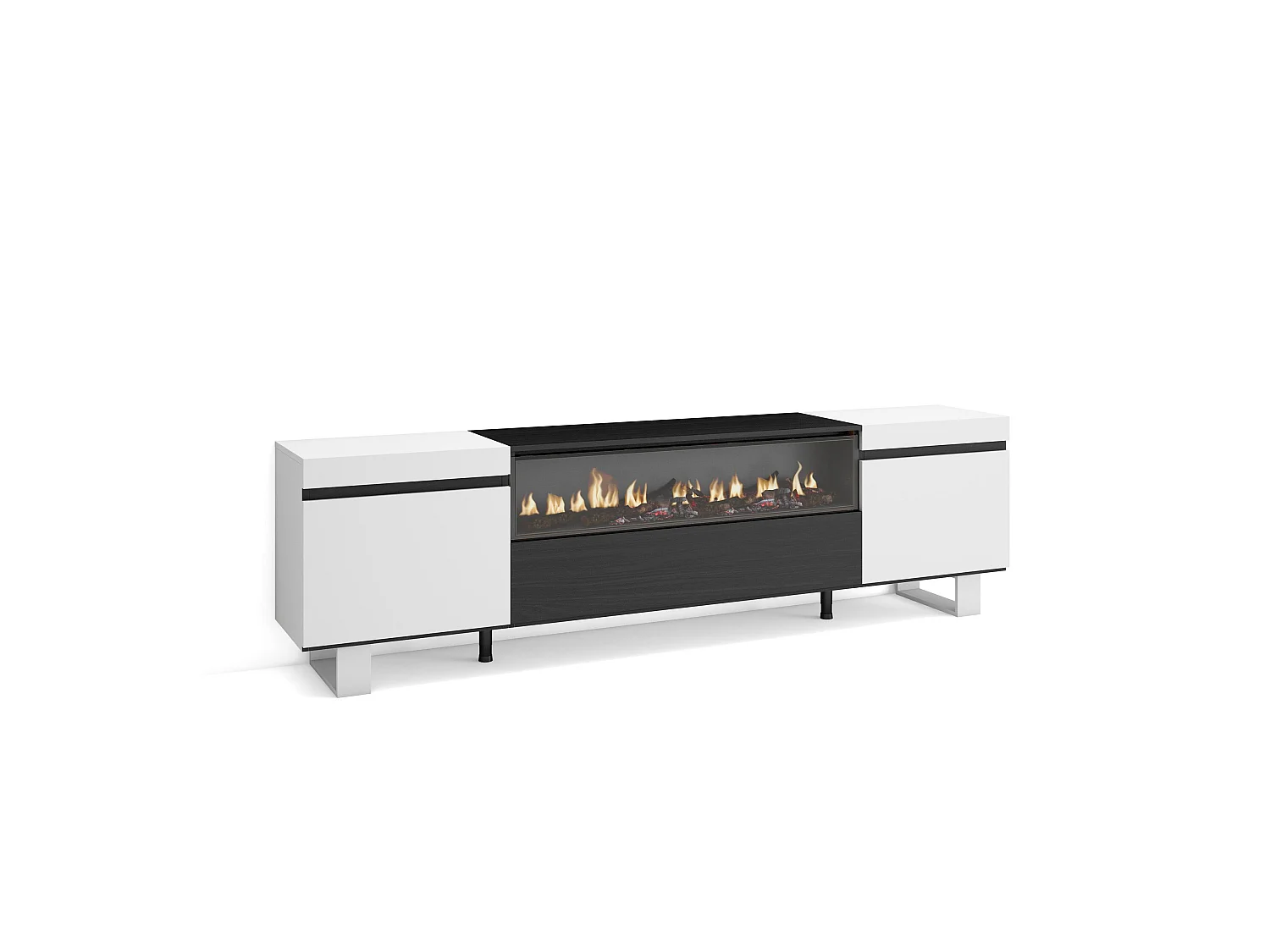 Meuble TV, Banc Télé, 200x35x57cm, Pour les TV jusqu'à 80", Cheminée électrique, Design industriel, Blanc et noir