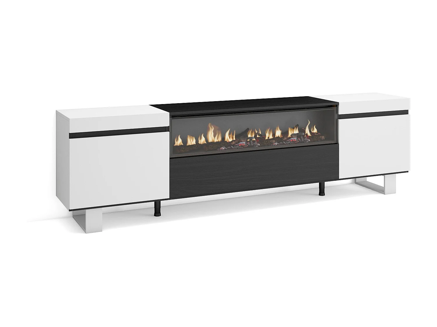 TV-Meubel, Lowboard, 200x35x57cm, Voor tv's tot 80", Elektrische haard, Industrieel design, Wit en Zwart