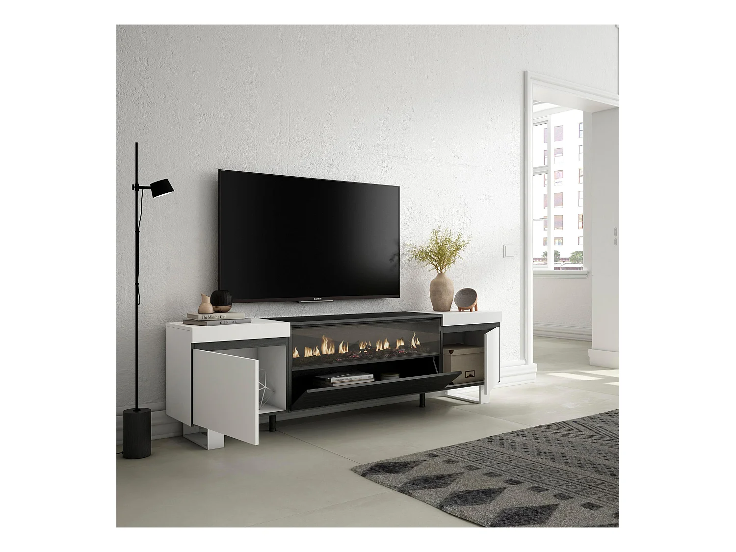 TV-Meubel, Lowboard, 200x35x57cm, Voor tv's tot 80", Elektrische haard, Industrieel design, Wit en Zwart