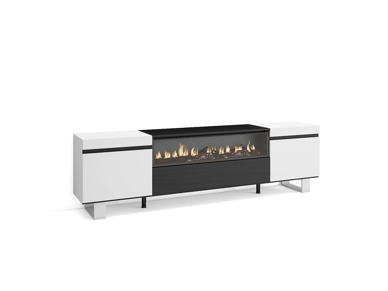 Móvel de TV, 200x35x57cm, Para televisores até 80", Lareira eléctrica, Design industrial, Branco e preto