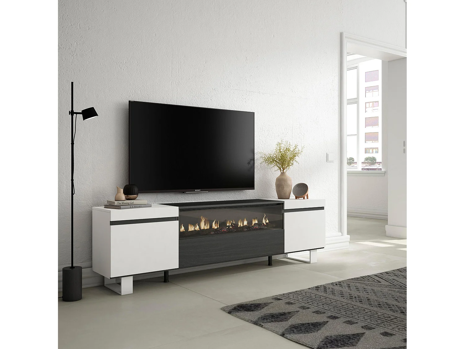 Móvel de TV, 200x35x57cm, Para televisores até 80", Lareira eléctrica, Design industrial, Branco e preto