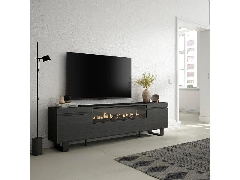 TV-Schrank, Lowboard, 200x35x57cm, Für TV-Geräte bis zu 80", Elektrokamin, Industriedesign, Schwarz