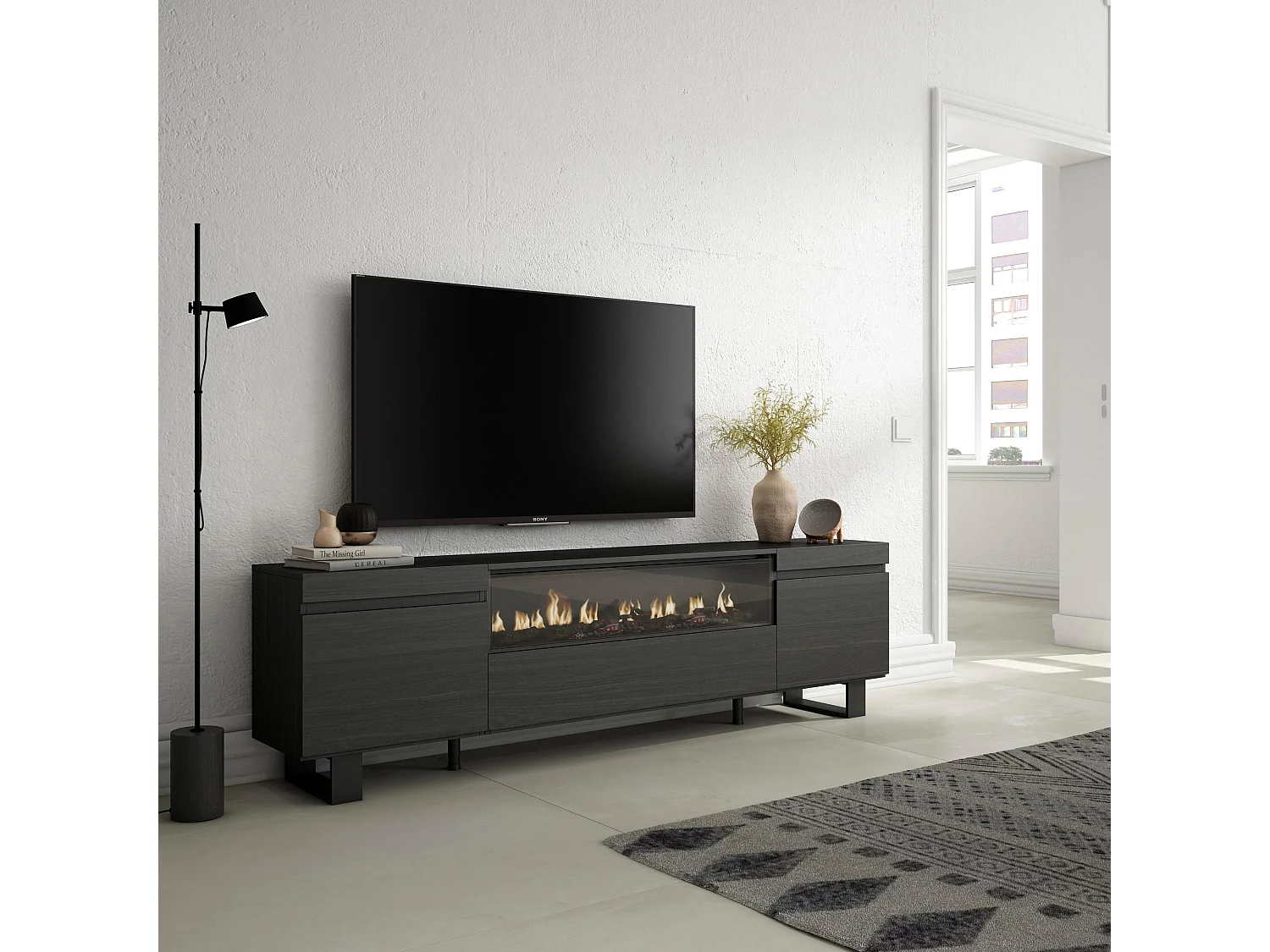 TV-Schrank, Lowboard, 200x35x57cm, Für TV-Geräte bis zu 80", Elektrokamin, Industriedesign, Schwarz