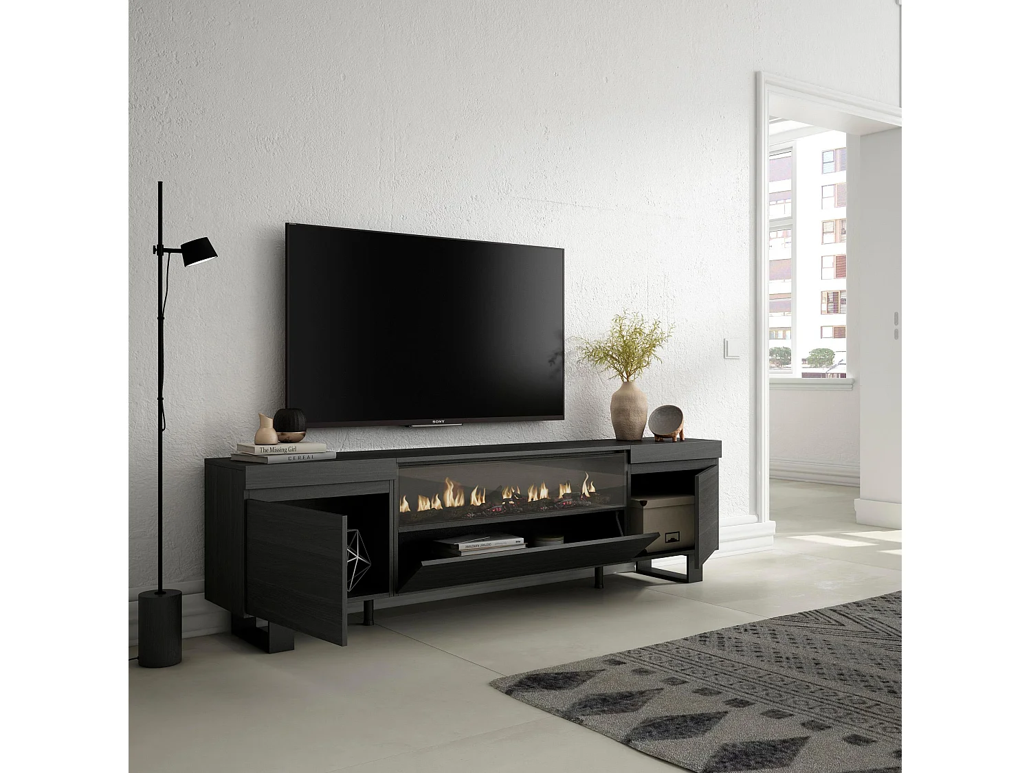 TV-Schrank, Lowboard, 200x35x57cm, Für TV-Geräte bis zu 80", Elektrokamin, Industriedesign, Schwarz