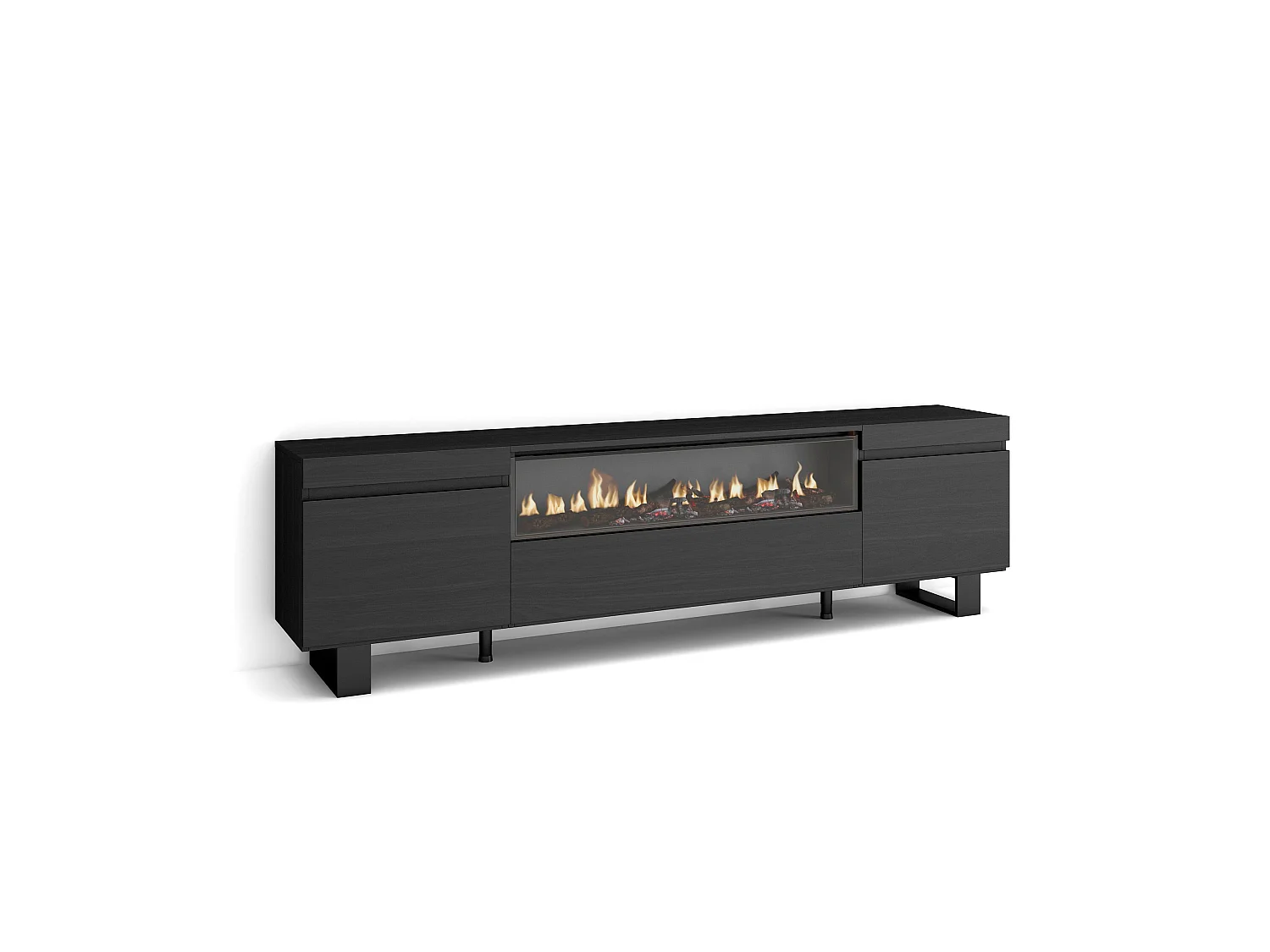 Meuble TV, Banc Télé, 200x35x57cm, Pour les TV jusqu'à 80", Cheminée électrique, Design industriel, Noir