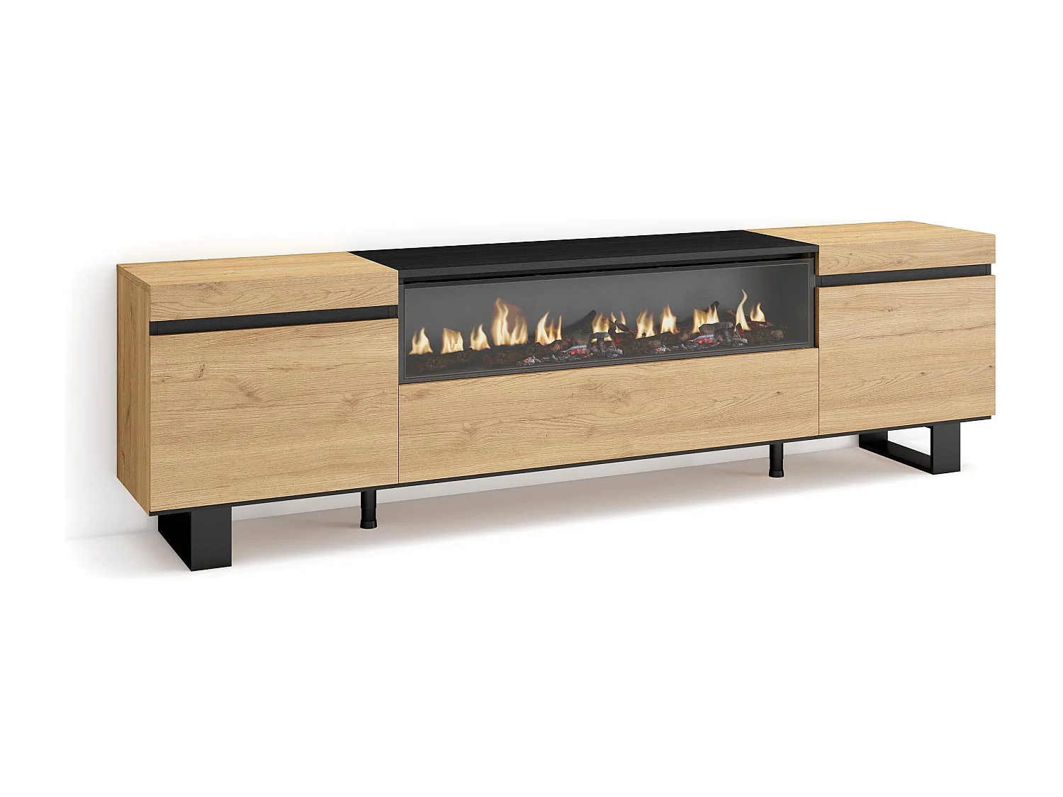 Móvel de TV, 200x35x57cm, Para televisores até 80", Lareira eléctrica, Design industrial, Carvahlo e preto