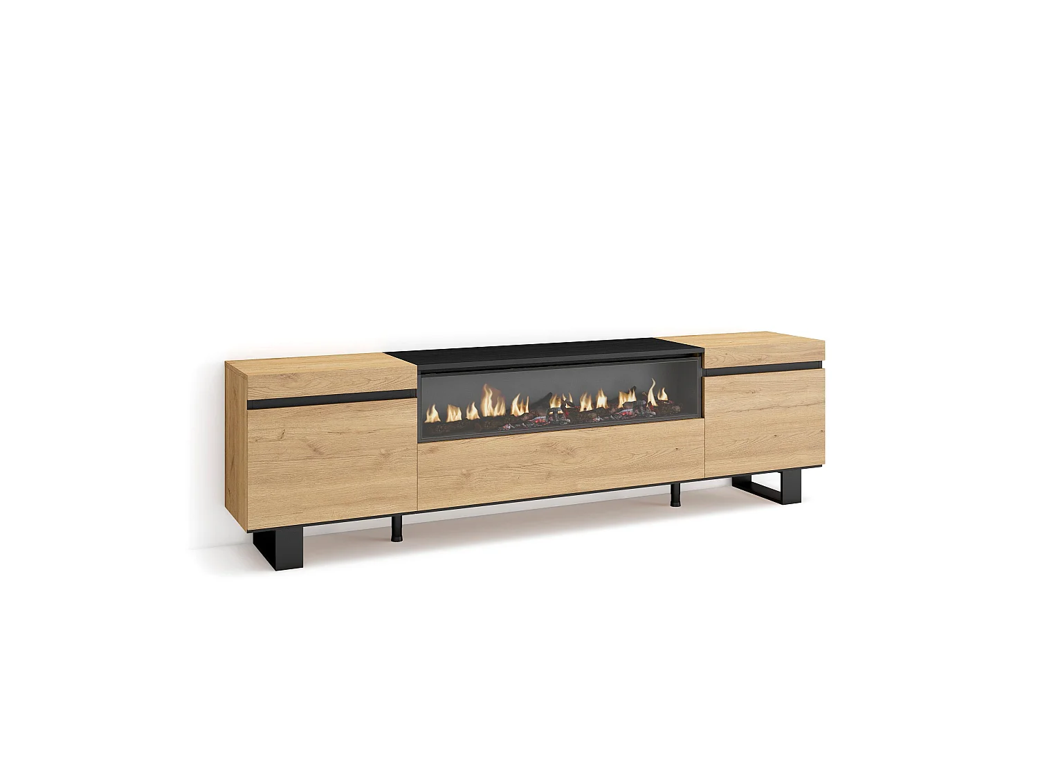 TV-Meubel, Lowboard, 200x35x57cm, Voor tv's tot 80", Elektrische haard, Industrieel design, Eiken/Zwart