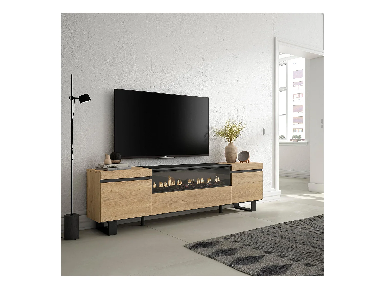 TV-Meubel, Lowboard, 200x35x57cm, Voor tv's tot 80", Elektrische haard, Industrieel design, Eiken/Zwart
