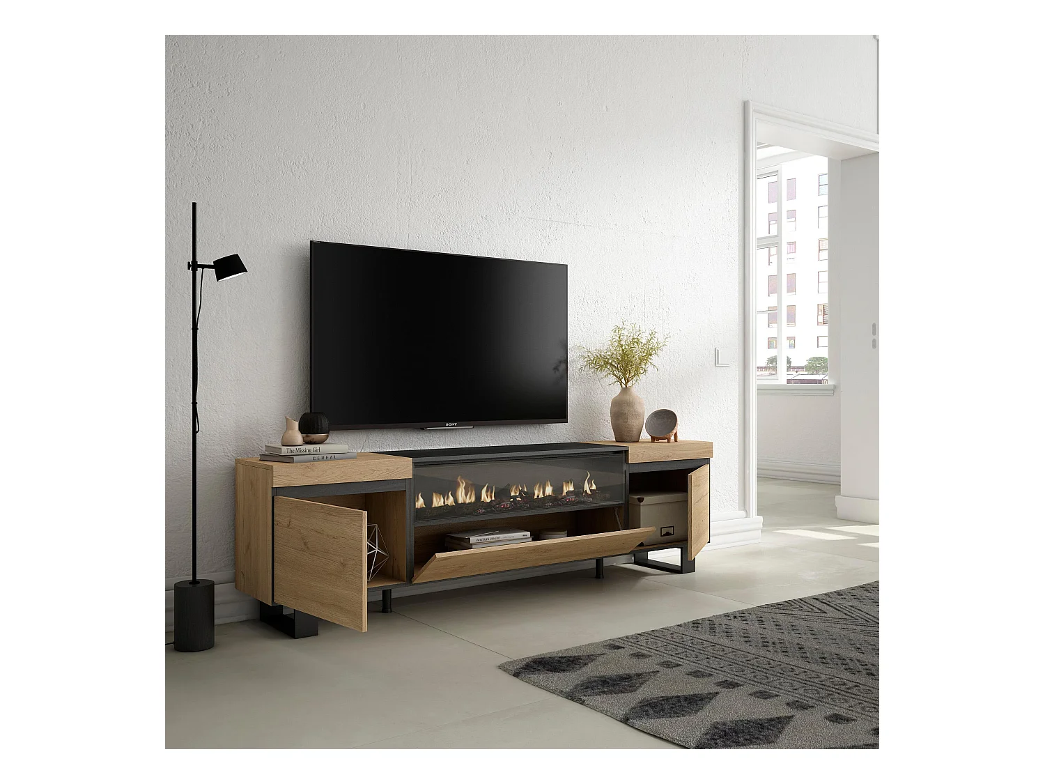 TV-Meubel, Lowboard, 200x35x57cm, Voor tv's tot 80", Elektrische haard, Industrieel design, Eiken/Zwart