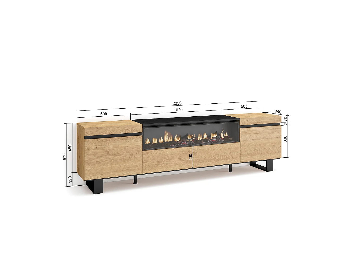 TV-Meubel, Lowboard, 200x35x57cm, Voor tv's tot 80", Elektrische haard, Industrieel design, Eiken/Zwart
