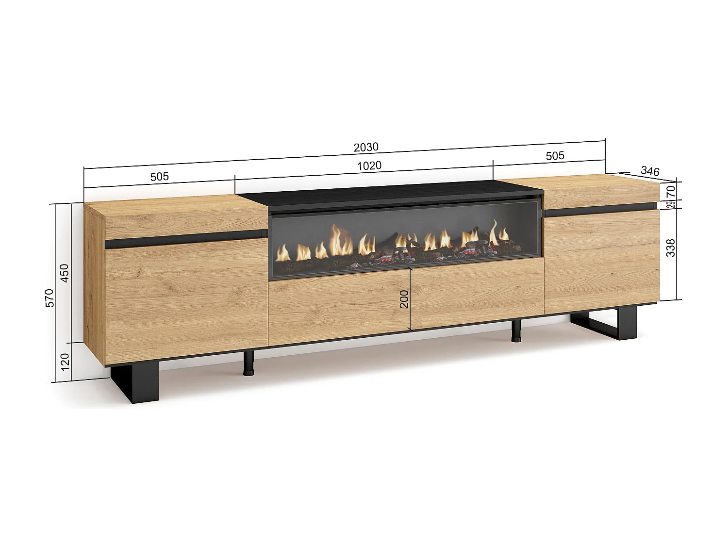 Meuble TV, Banc Télé, 200x35x57cm, Pour les TV jusqu'à 80", Cheminée électrique, Design industriel, Chêne et noir