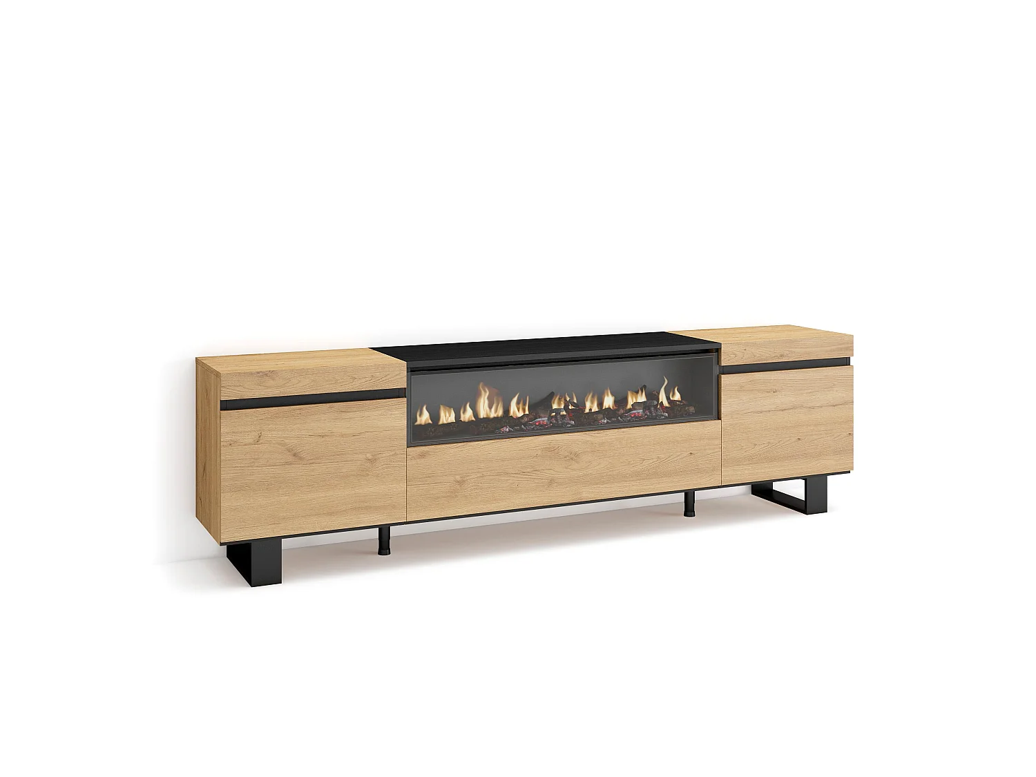 Meuble TV, Banc Télé, 200x35x57cm, Pour les TV jusqu'à 80", Cheminée électrique, Design industriel, Chêne et noir