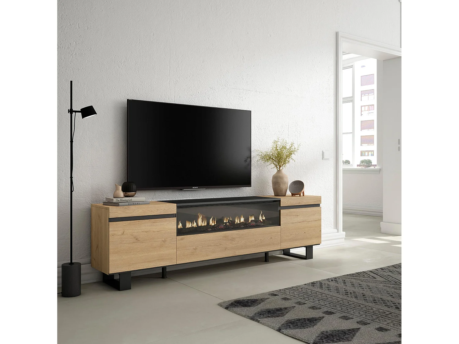 Meuble TV, Banc Télé, 200x35x57cm, Pour les TV jusqu'à 80", Cheminée électrique, Design industriel, Chêne et noir