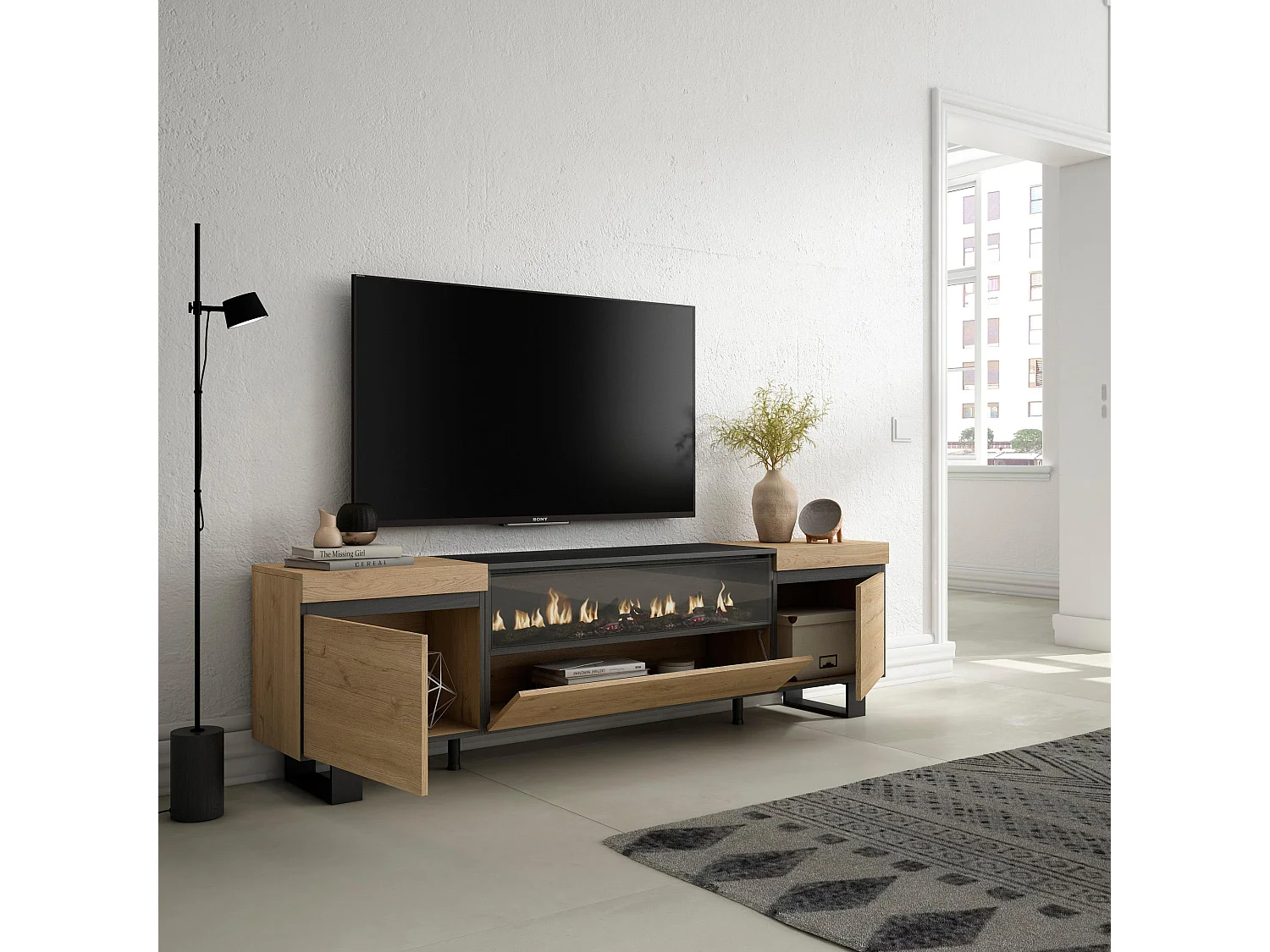 Meuble TV, Banc Télé, 200x35x57cm, Pour les TV jusqu'à 80", Cheminée électrique, Design industriel, Chêne et noir