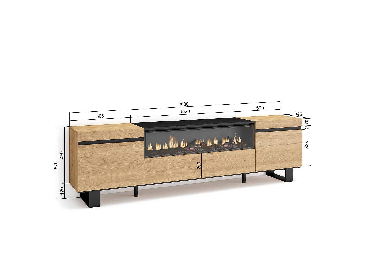 Meuble TV, Banc Télé, 200x35x57cm, Pour les TV jusqu'à 80", Cheminée électrique, Design industriel, Chêne et noir